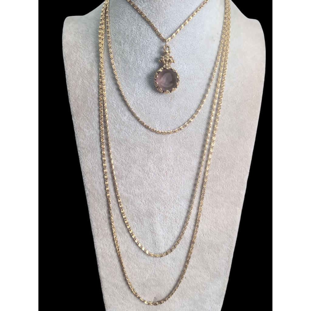 Vintage Goldette Signed 4 Strand Necklace Intaglio Cameo Pendant 24